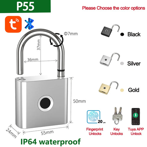 Lock with dimensions and color options displayed