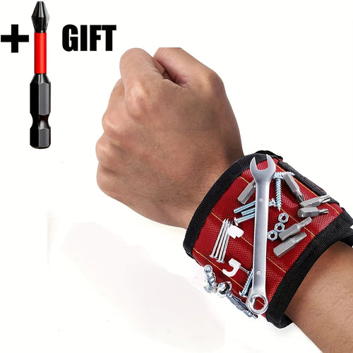 Wrist tool belt with tools on a white background, featuring a hand wearing it.