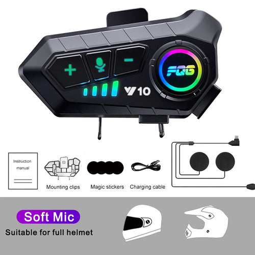 Motorcycle helmet intercom with RGB display and various accessories on a white background