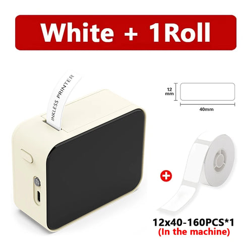 A compact white and black portable label printer shown on a white background with a red banner reading 'White + 1 Roll' and a small diagram showing the label size. A roll of white labels is pictured on the right, with text noting '12x40-160PCS*1 (In the machine)'.