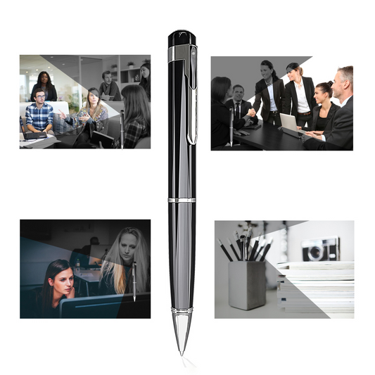 Silver pen with black accents on a white background, surrounded by office scenes.