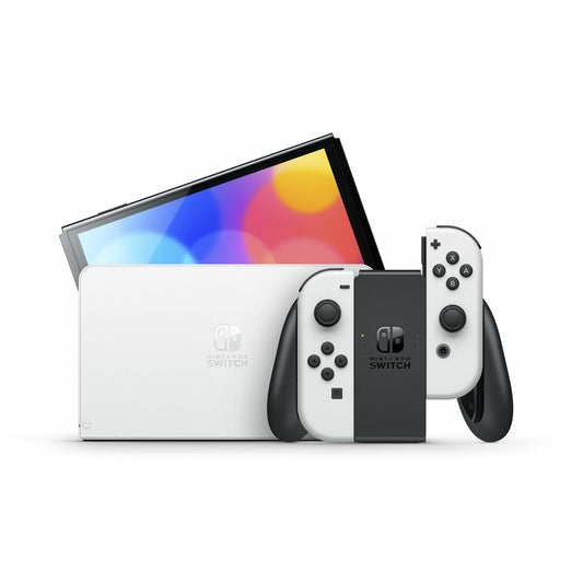 Nintendo Switch console with Joy-Con controllers on a white background