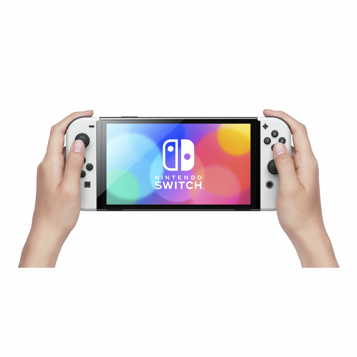 Nintendo Switch console held by hands with a colorful display on a white background
