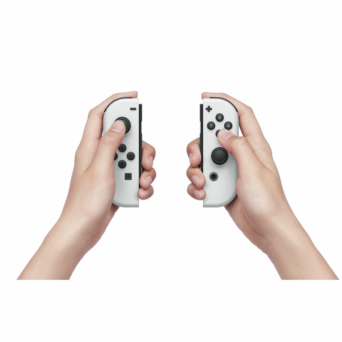 Two hands holding white gaming controllers against a white background