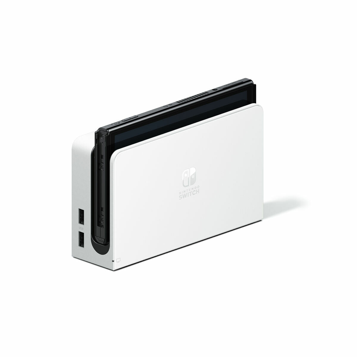 White gaming console with black top on a white background