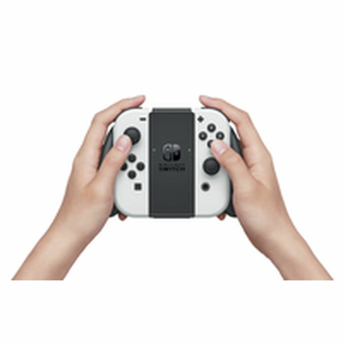 Hands holding a Nintendo Switch Joy-Con controller on a white background