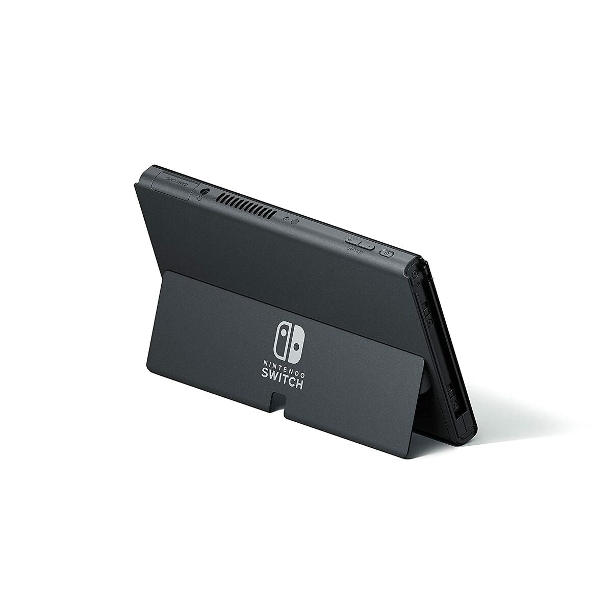 Black Nintendo Switch stand on a white background