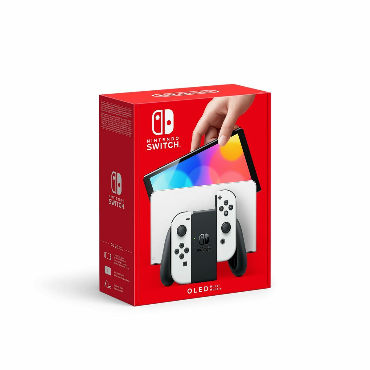 Red Nintendo Switch OLED packaging with a hand holding the console.
