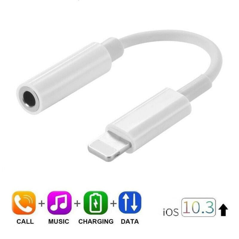 White lightning cable adapter on a white background with icons indicating call, music, charging, data, and iOS version.