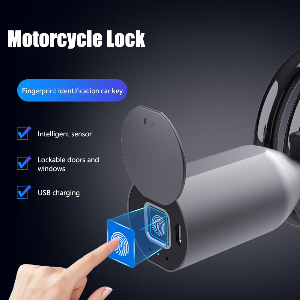 Motorcycle lock with fingerprint identification feature and USB charging capability.