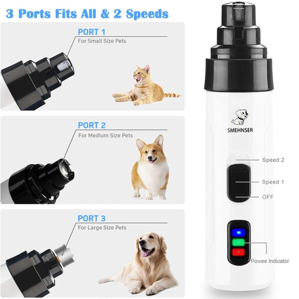 Pet grooming tool with three ports for different pet sizes, featuring Smehnser branding.
