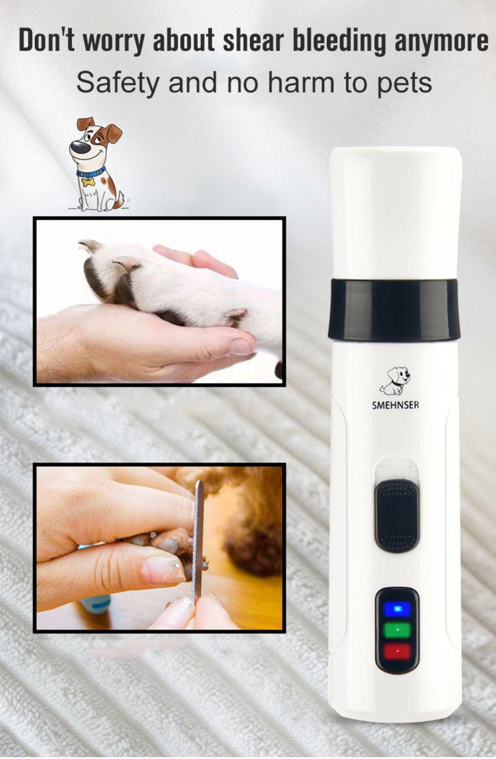 Pet safety device with images of a dog and a person using it, on a light gray background.