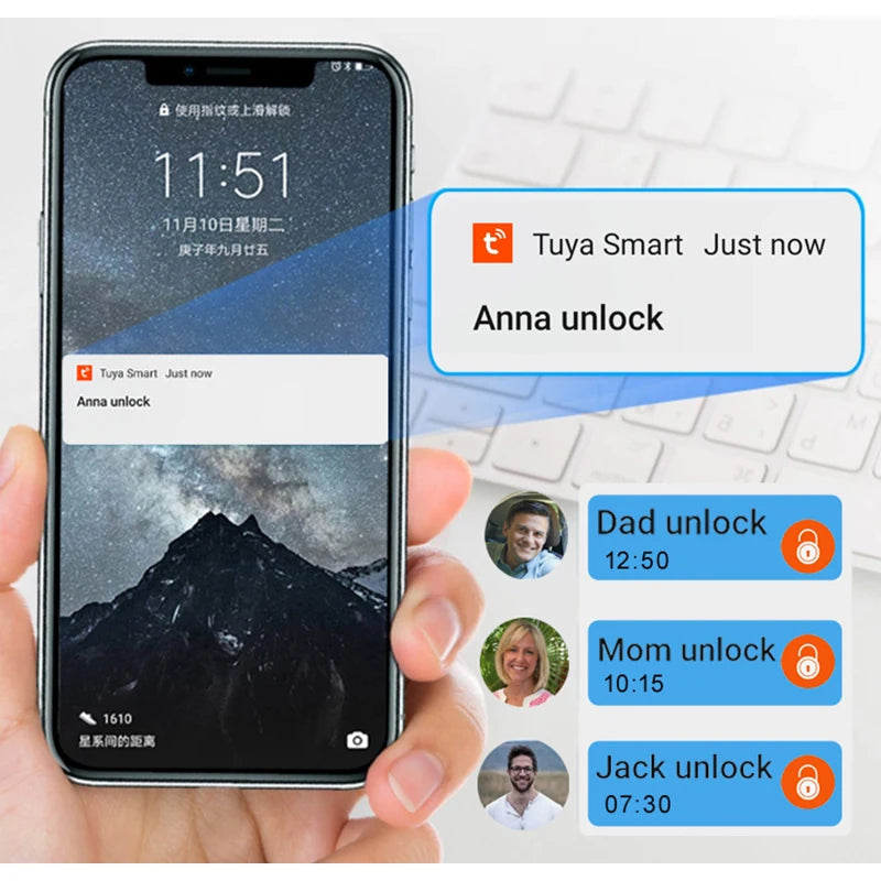 Smartphone displaying Tuya Smart app with lock screen notifications on a blurred keyboard background