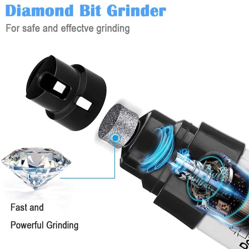 Diagram of a diamond bit grinder with components and text highlighting features.