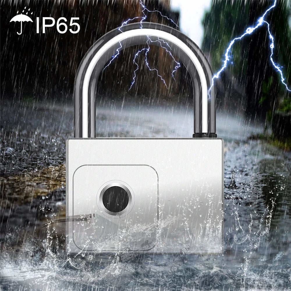 Metal padlock with IP65 rating in a rainstorm