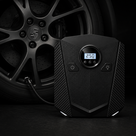 Black portable air pump with a digital LCD display showing 2.5 bar, positioned in front of a dark car wheel with a tire inflation hose connected.