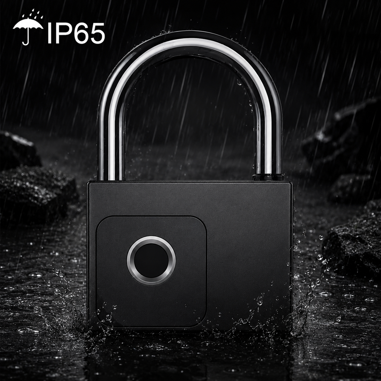 A matte black padlock with a shiny silver shackle, shown in a dramatic rain scene with rocks and water splashes. The text 'IP65' is visible in the top-left corner.