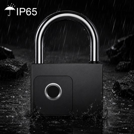 A matte black padlock with a shiny silver shackle, shown in a dramatic rain scene with rocks and water splashes. The text 'IP65' is visible in the top-left corner.