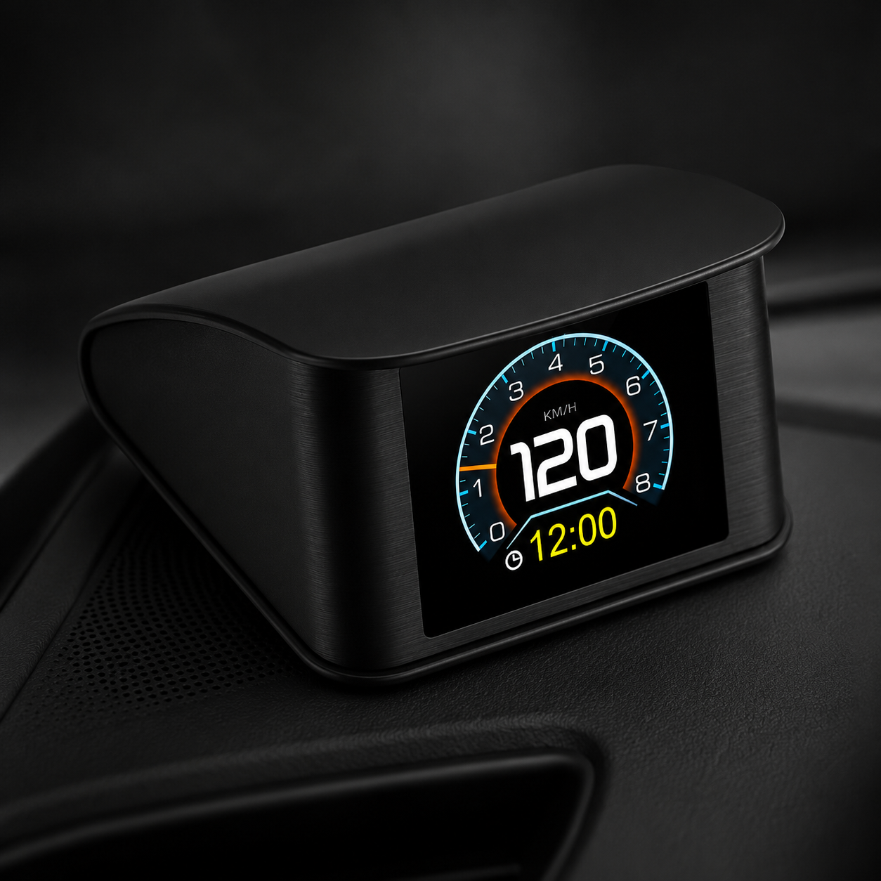 A black car dashboard display showing speed and time, placed on a dark car interior dashboard.