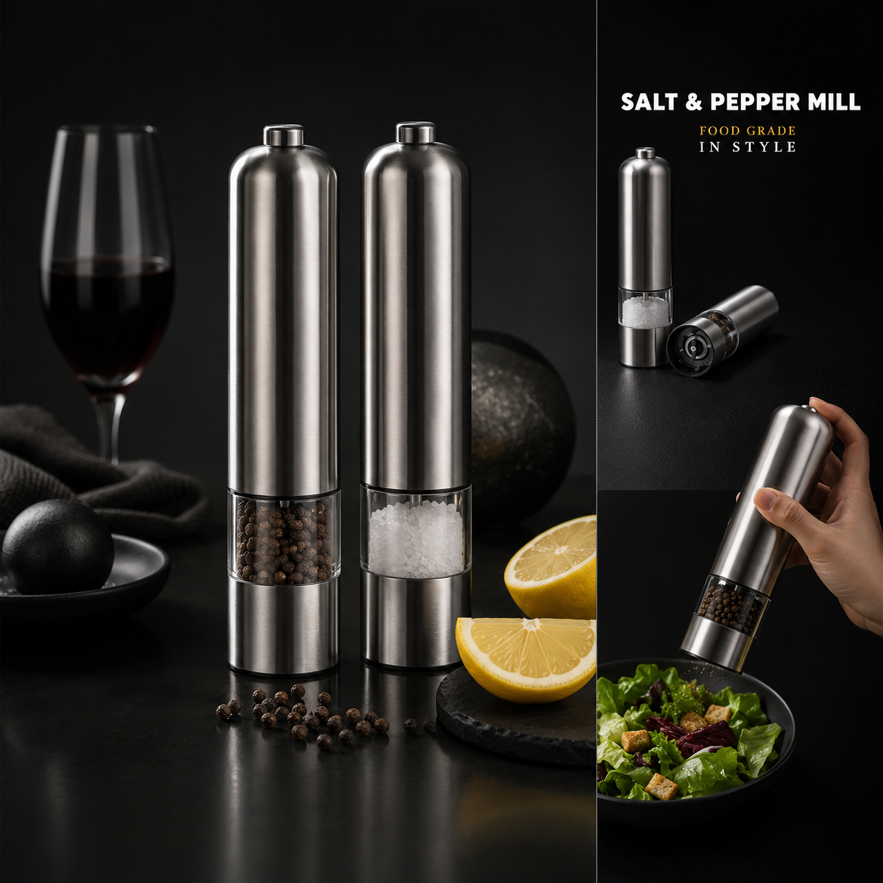 Two stainless steel salt and pepper mills with transparent windows showing peppercorns and sea salt, displayed on a dark tabletop with a glass of red wine, lemons, and a salad. A hand is shown using one mill on the right side, with text reading 'SALT & PEPPER MILL' and 'FOOD GRADE'.