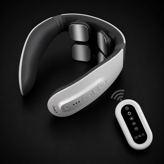 A neck and shoulder massager with a white and dark gray design, shown alongside its matching wireless remote control on a dark background.