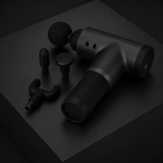 A matte black handheld massage gun with interchangeable attachments, displayed on a dark gray geometric surface against a black background.