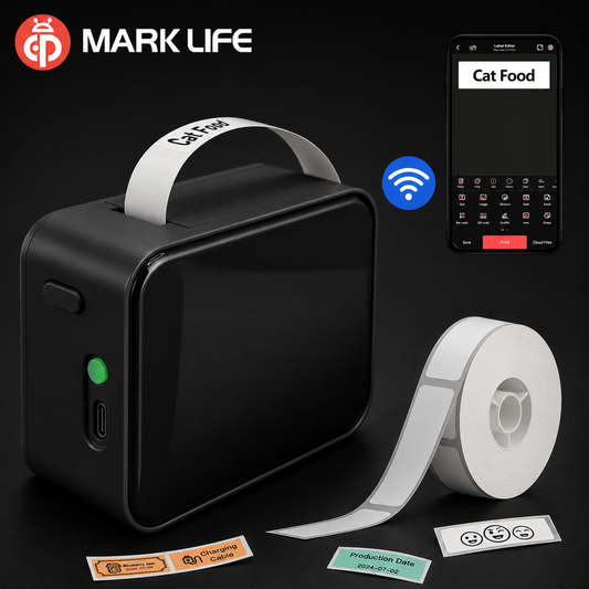 A black portable label printer shown on a dark background with a roll of white labels, a printed label sample, a smartphone displaying a cat food label, and the MARK LIFE logo in the top left.
