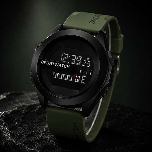 Digital sports watch with green strap on a dark background