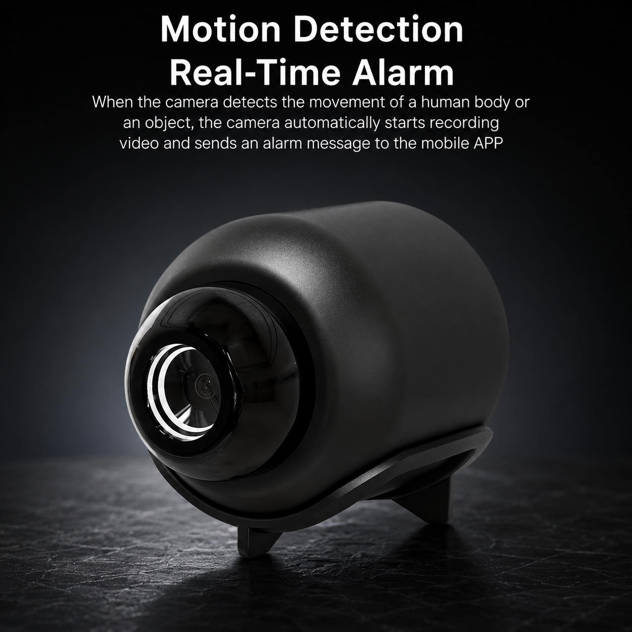 Camera with motion detection and real-time alarm features on a dark background