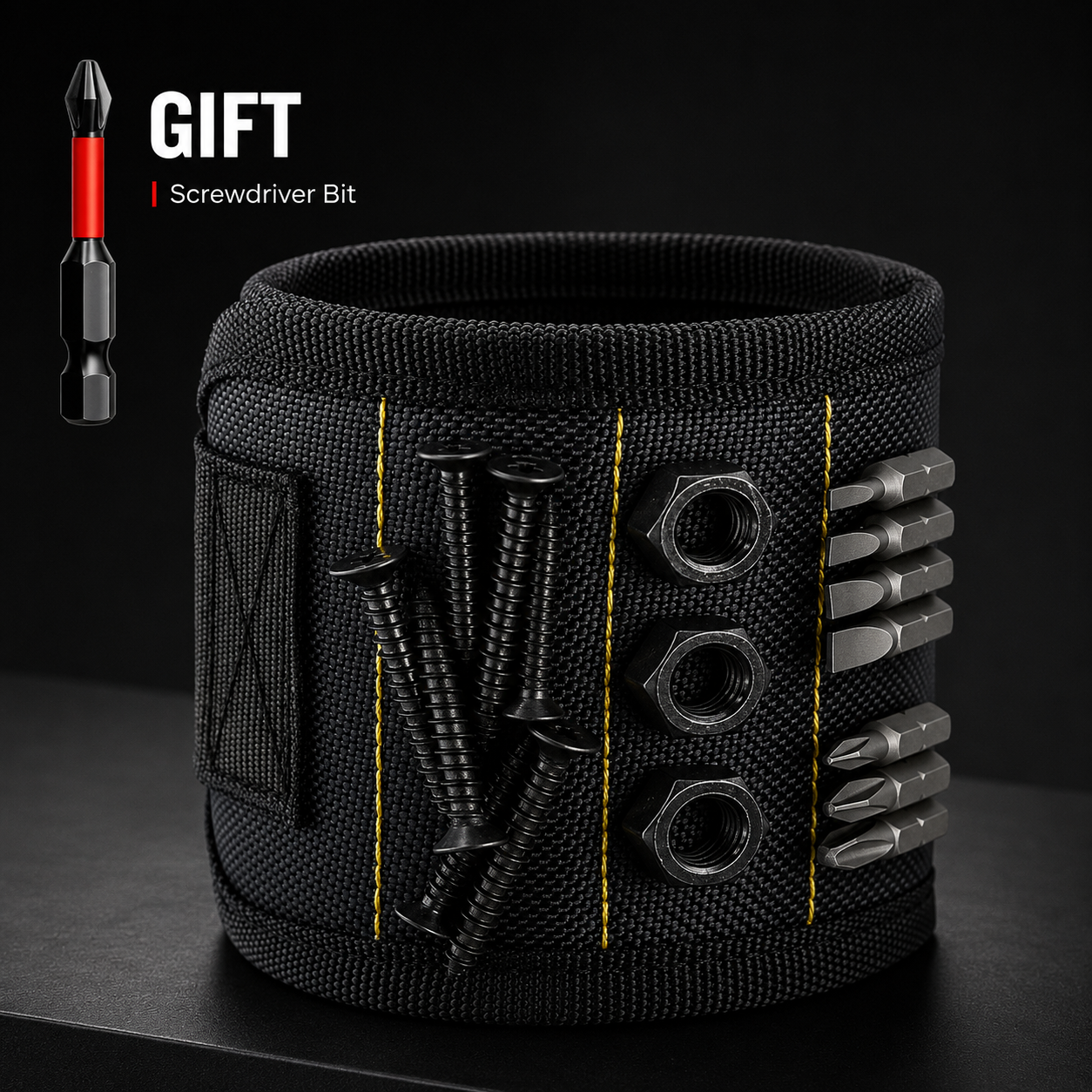 Black tool belt with screwdriver bits on a dark background, featuring a gift icon.