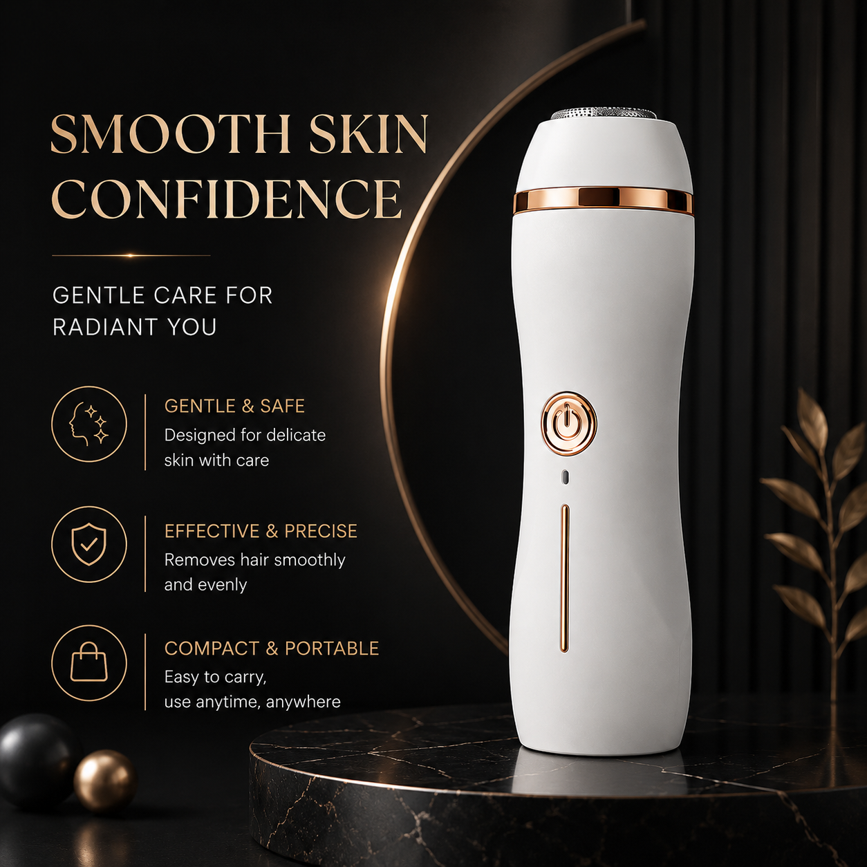 White and rose gold skin care device with text on a dark background