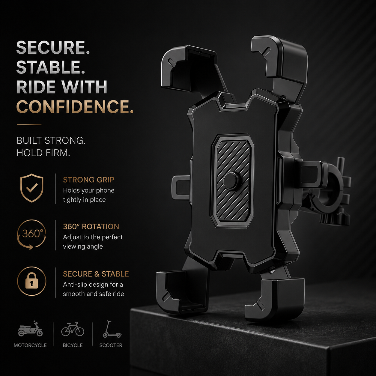 Black phone holder with features highlighted on a dark background