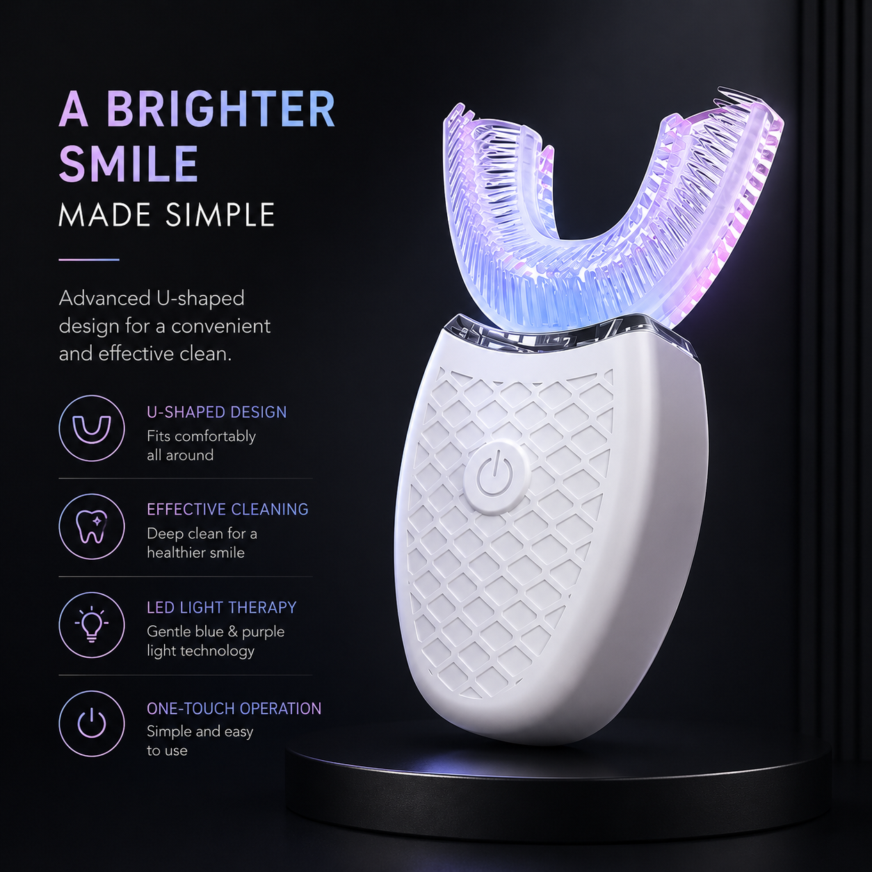U-shaped dental cleaning device with LED light therapy on a black background