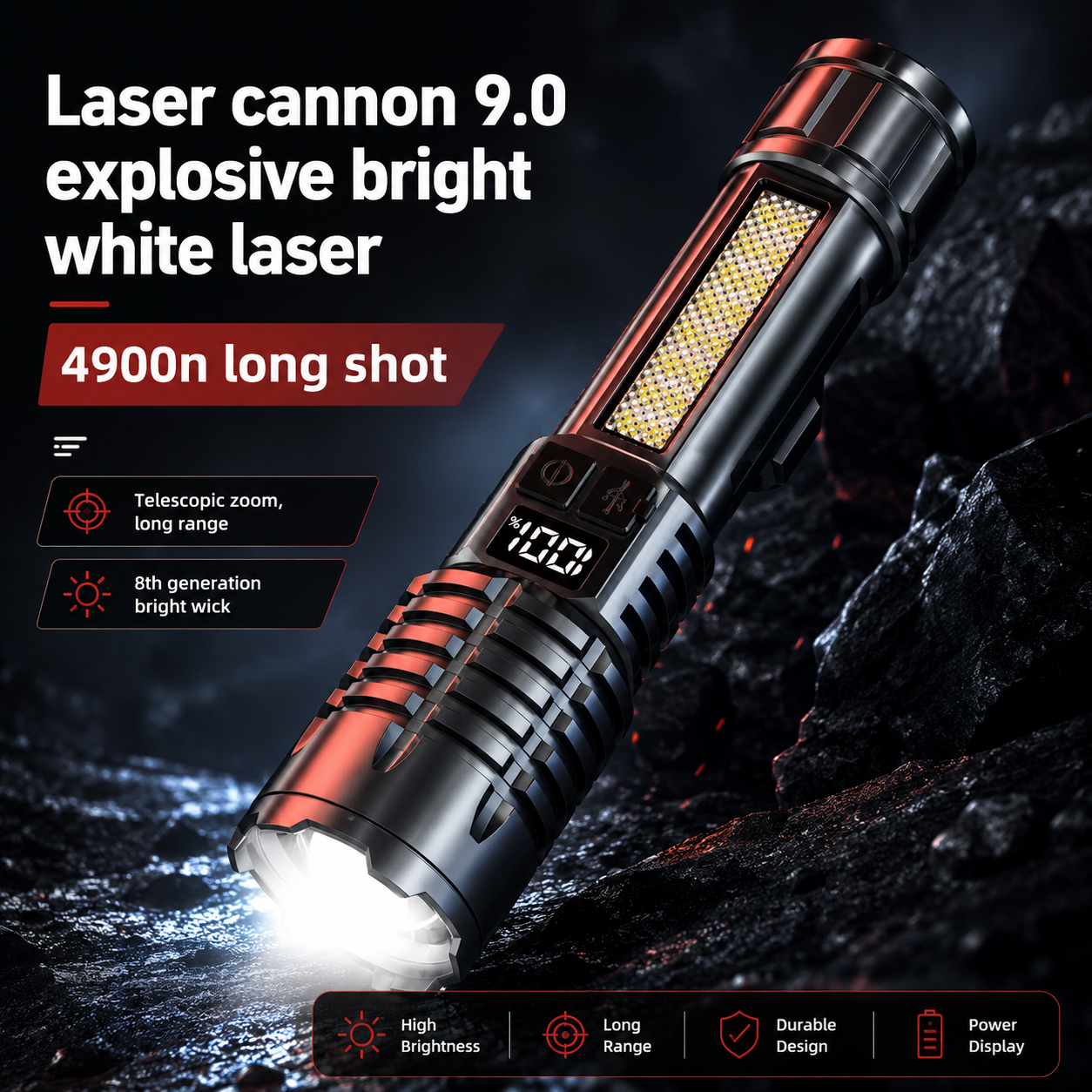 Laser cannon 9.0 with bright white laser on a dark background