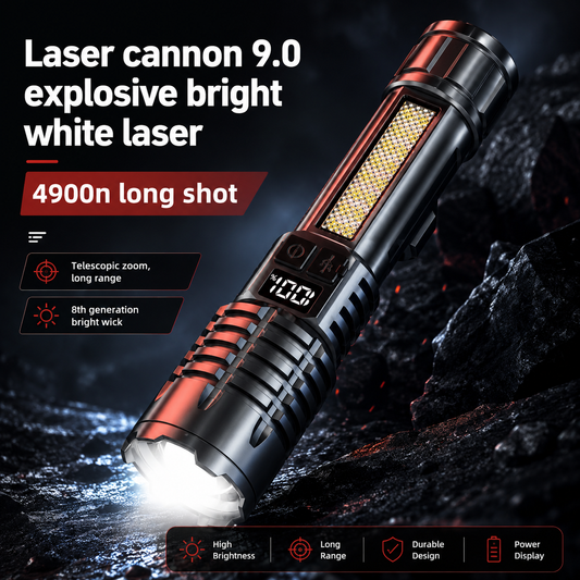 Laser cannon 9.0 with bright white laser on a dark background
