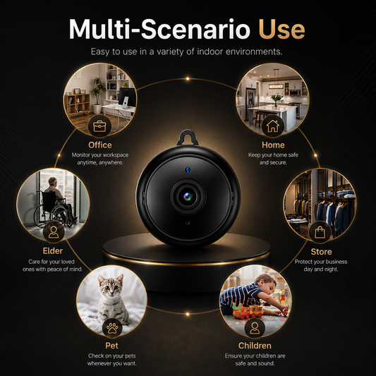 Black security camera with various use cases around it on a dark background