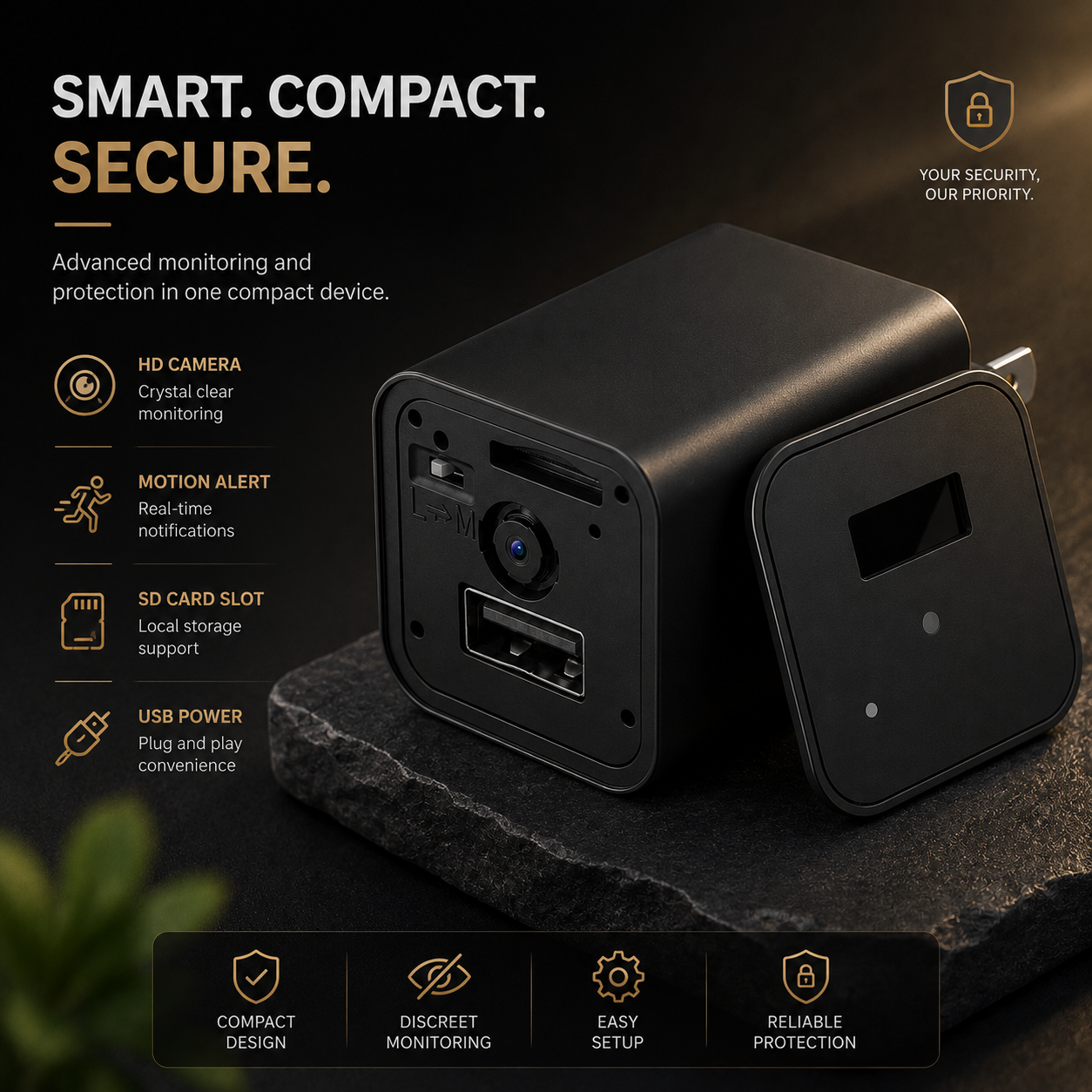 Black security camera with features listed on a dark background