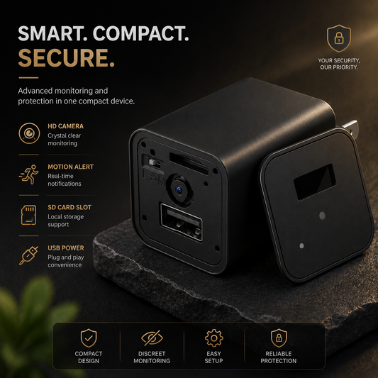 Black security camera with features listed on a dark background
