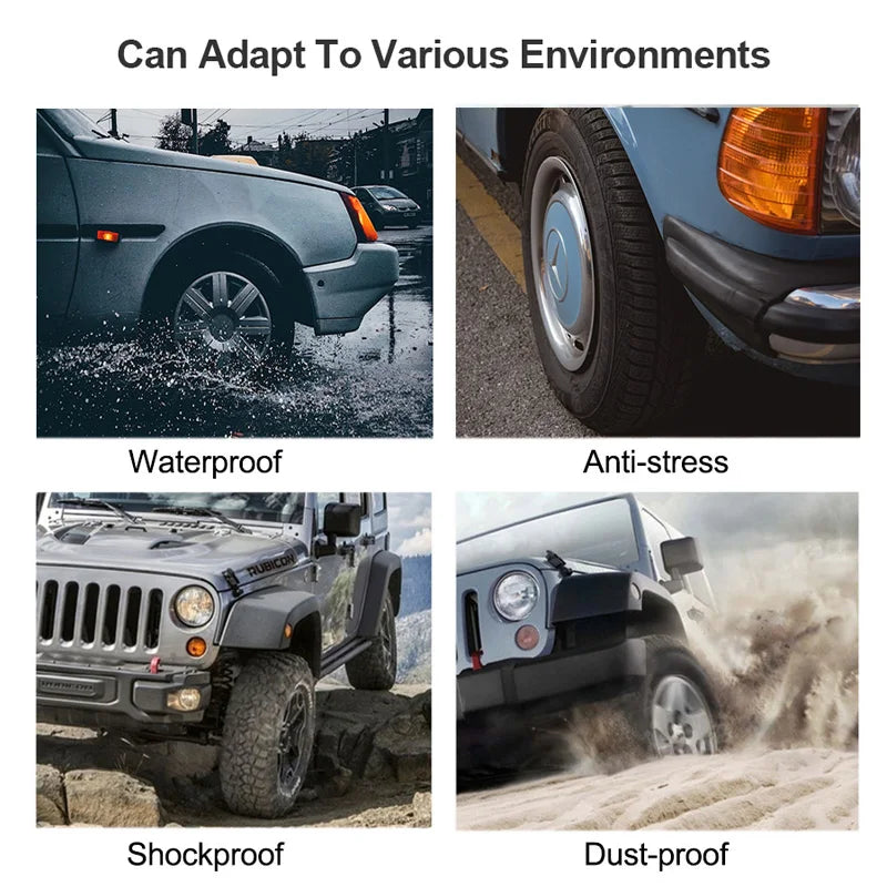 Collage of a vehicle in various environments with text indicating its features.