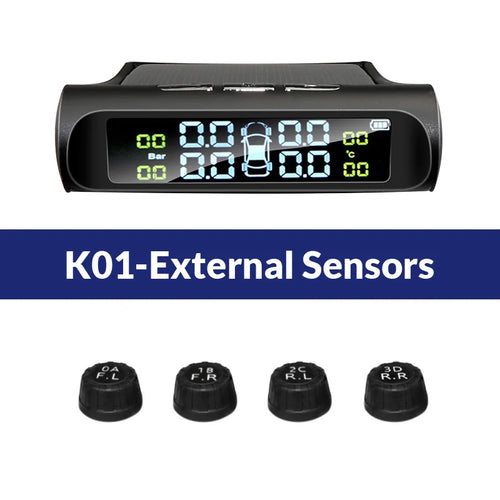 Car dashboard monitor with digital display and four black sensors below on a white background.