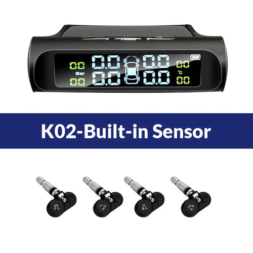 Car tire pressure monitoring system with digital display and four sensors on a white background