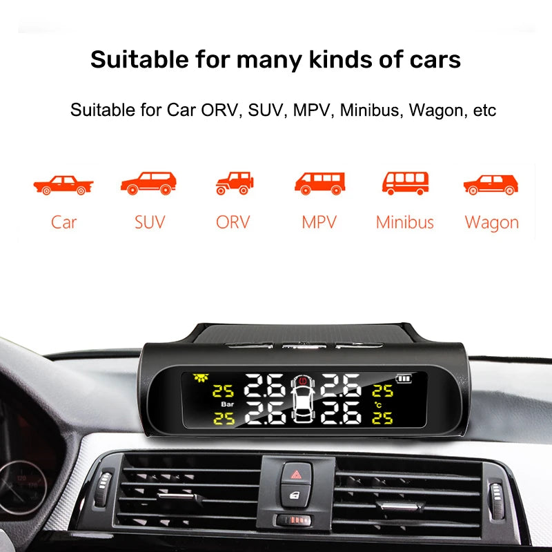 Car dashboard display with temperature and pressure readings, suitable for various car types.