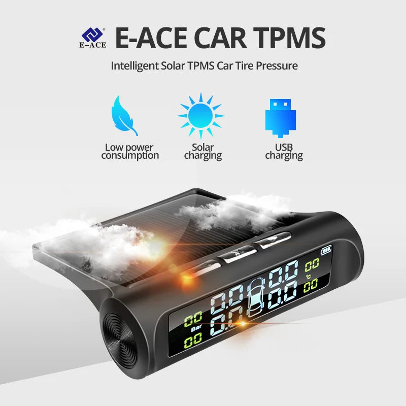 E-ACE Car TPMS with solar panel and USB charging features on a white background