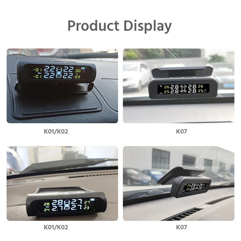 Collage of a car dashboard and windshield-mounted digital thermometer with temperature display.