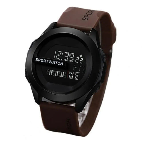 Digital sports watch with a brown strap on a white background