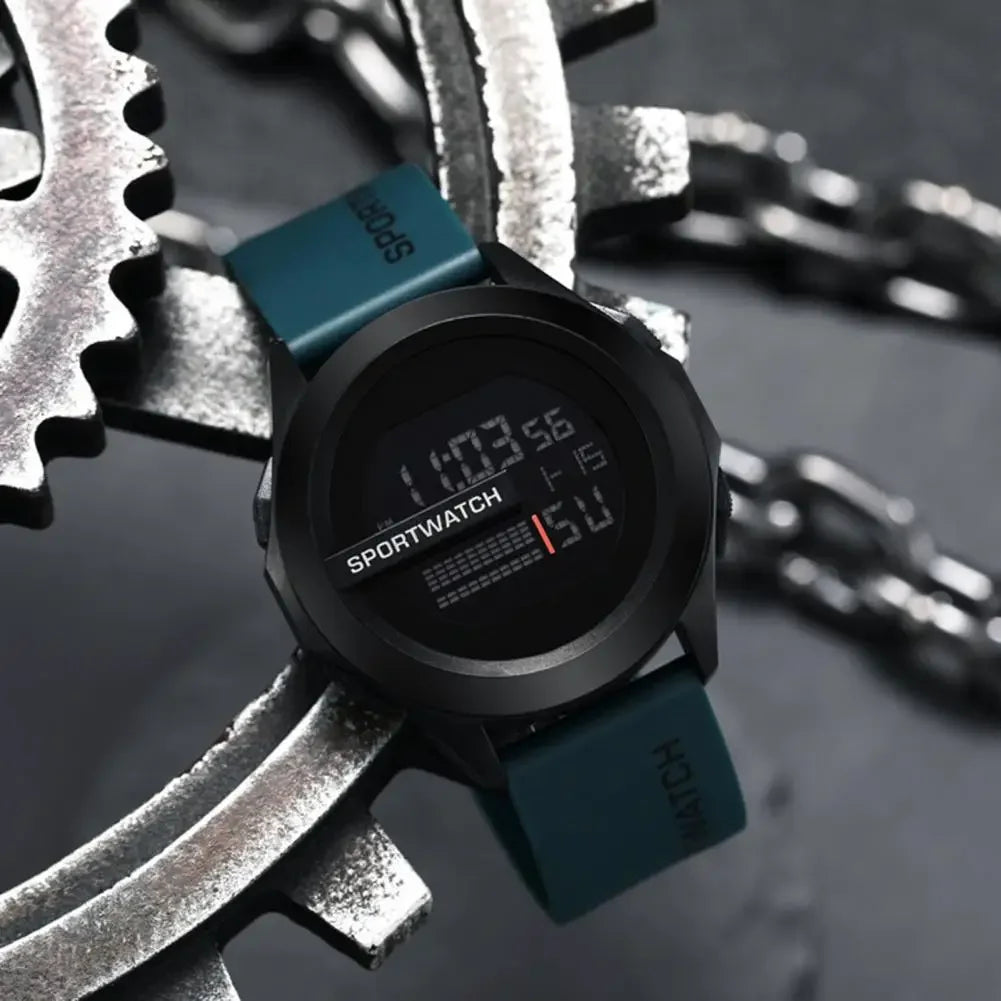 Digital sports watch with blue strap on metallic gears