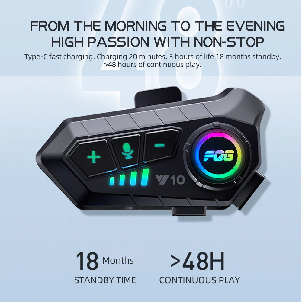 Motorcycle helmet intercom with charging and play time specifications on a light blue background