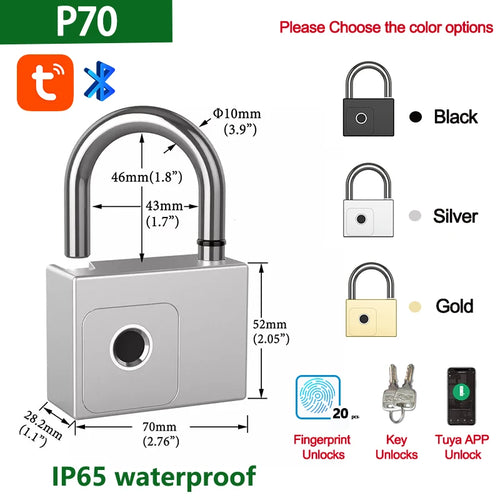 Lock with dimensions and color options displayed on a white background