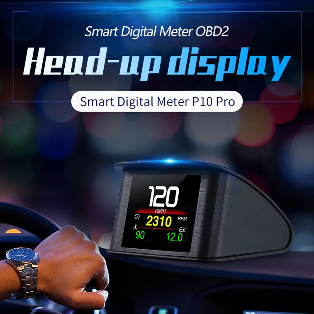 Smart Digital Meter OBD2 Head-up display with digital readings on a blurred background