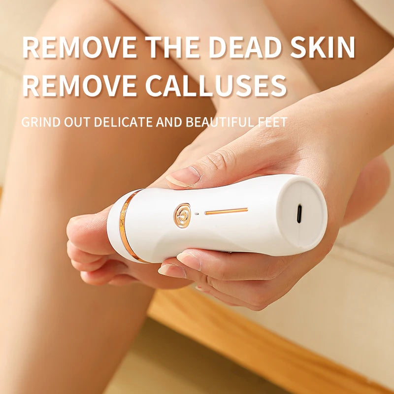 Person using a white electronic device on their foot with text about skin removal.